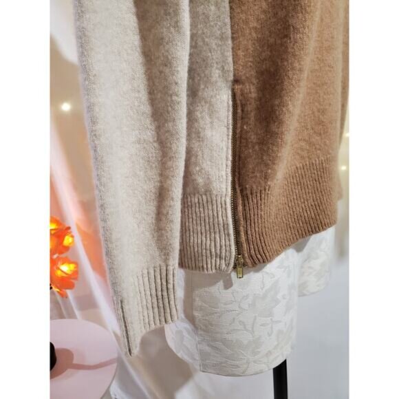 J. Crew Womens Double Zip 100% Wool Neutral Tan Colorblock Knit Sweater Size S - Picture 6 of 12